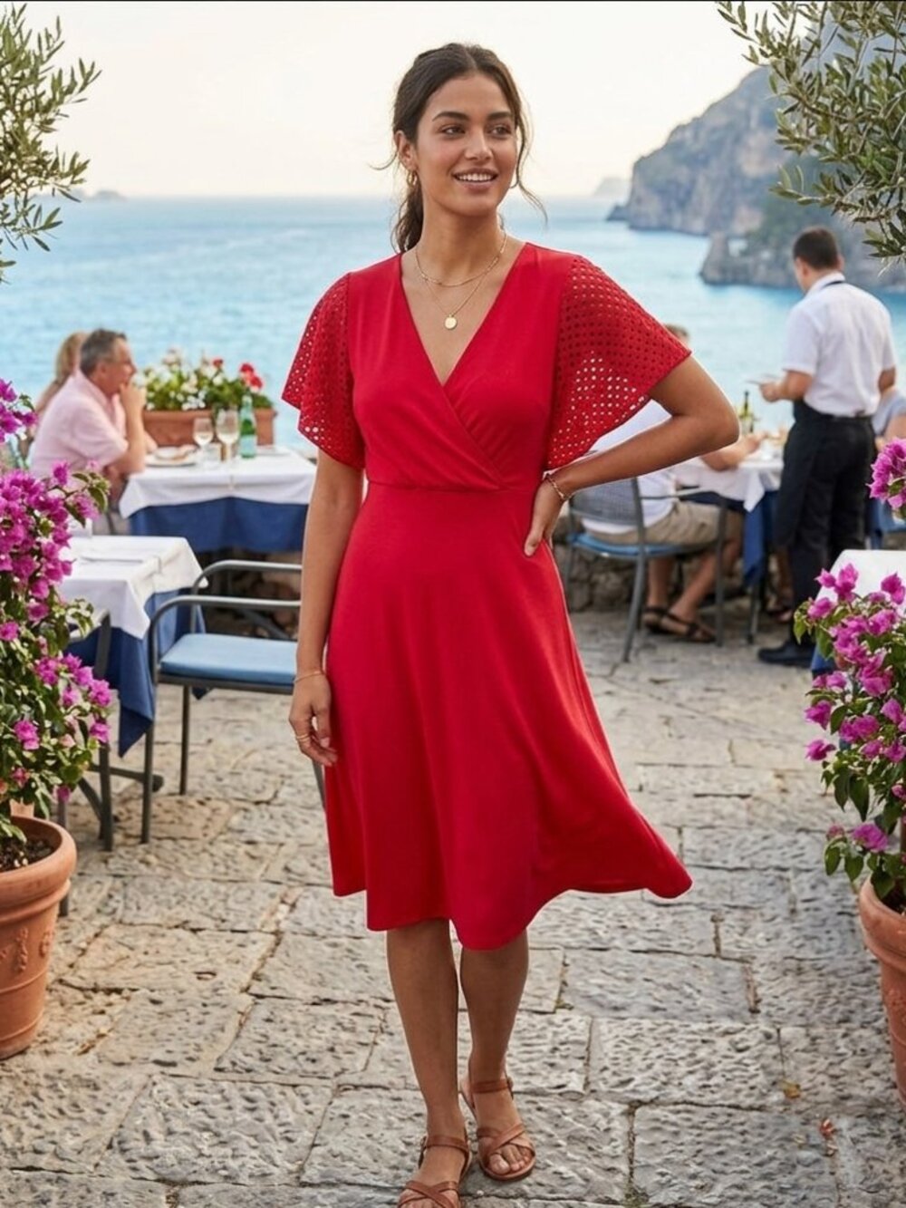 Womens Red Midi Dress V Neck Eyelet Lace Sleeves Romantic Feminine Resort Size S